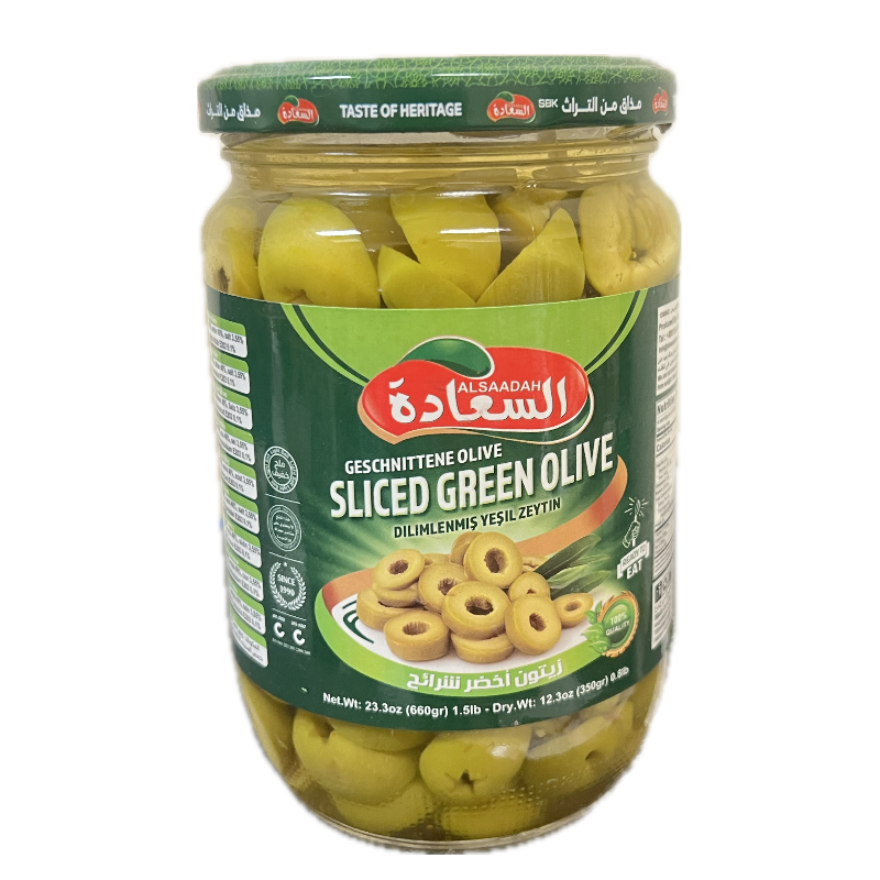 Al Saadah Green Olives Sliced 660gx12 Glass Jar