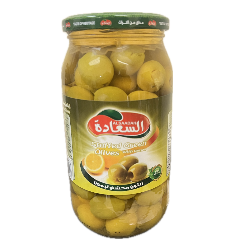 Al Saadah Green Olives Stuffed with Lemon 1000gx12 Glass Jar