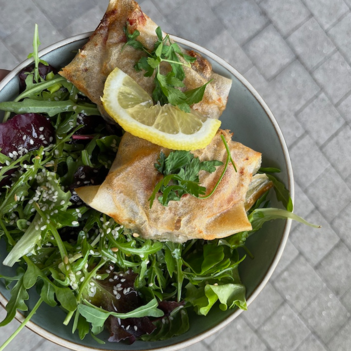 Bricks thon & oeuf, tomates, persil et citron accompagnés d'une salade verte