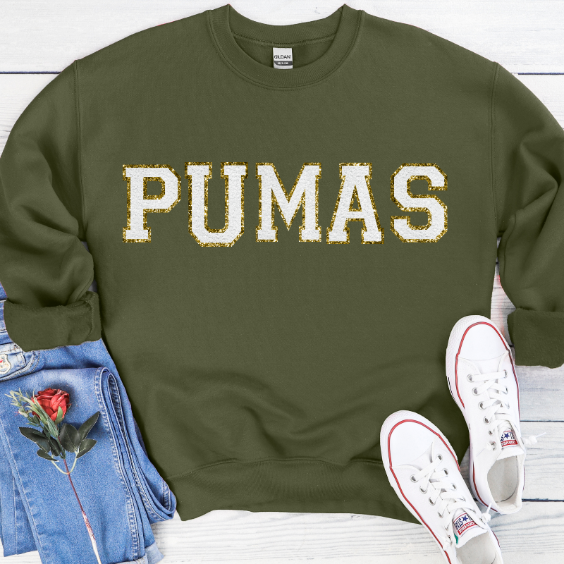 Pumas (chenille letters on military green)