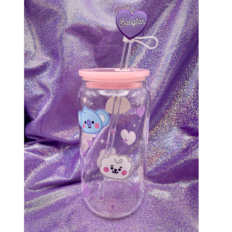 Baby Face (Purple Hearts/Stars) Glass Cup Set (pink lid) Main Image