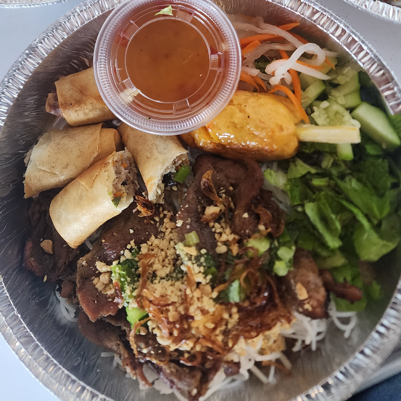 Grilled Pork, Eggrolls and Shrimp Sugarcane over Rice Vermicelli 