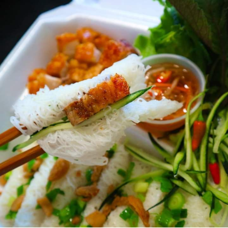 Crispy Pork Belly over Rice Vermicelli Sheets 