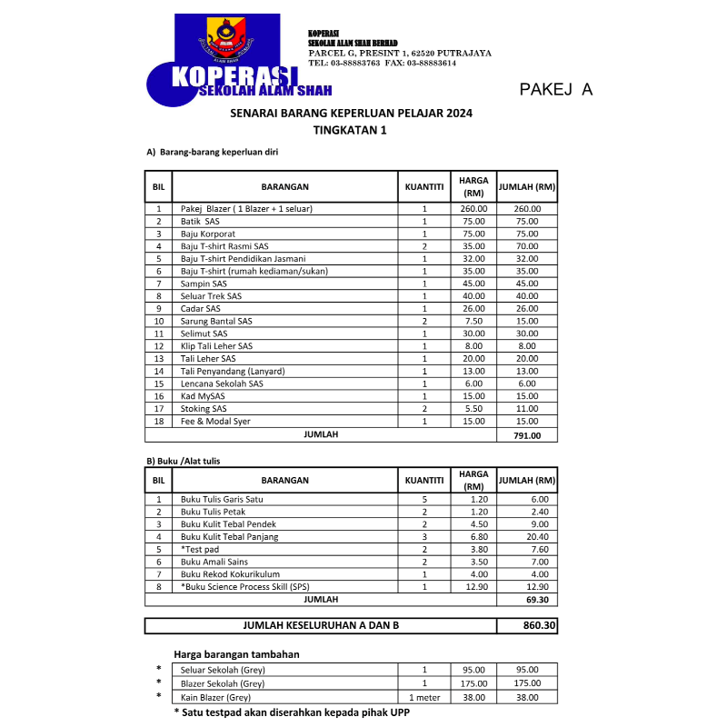 PAKEJ KEPERLUAN MURID TING 1 DAN TING 4 (PAKEJ A)