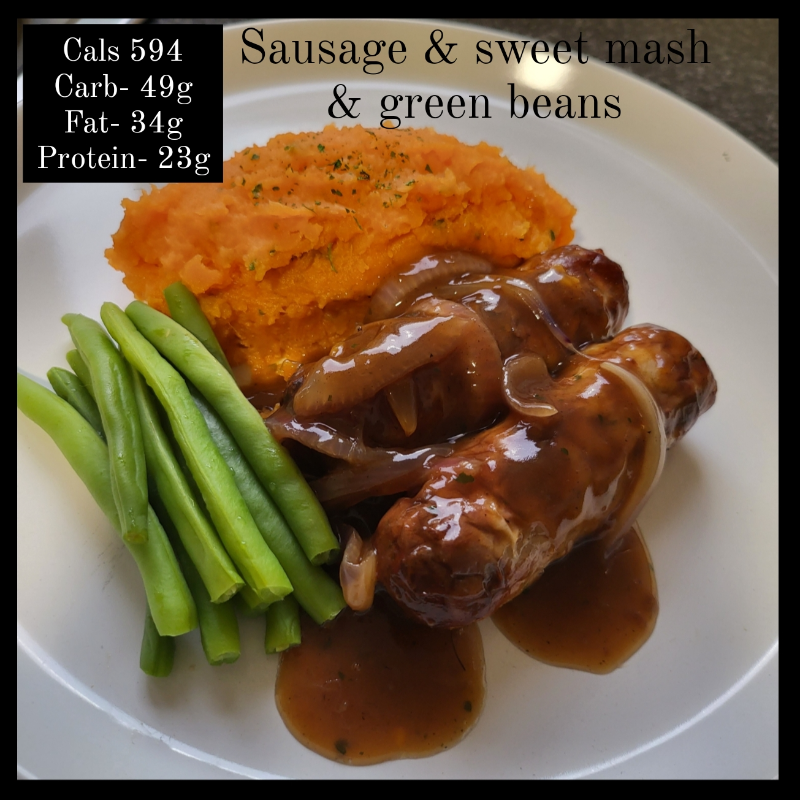 Sausage & sweet mash & green beans 