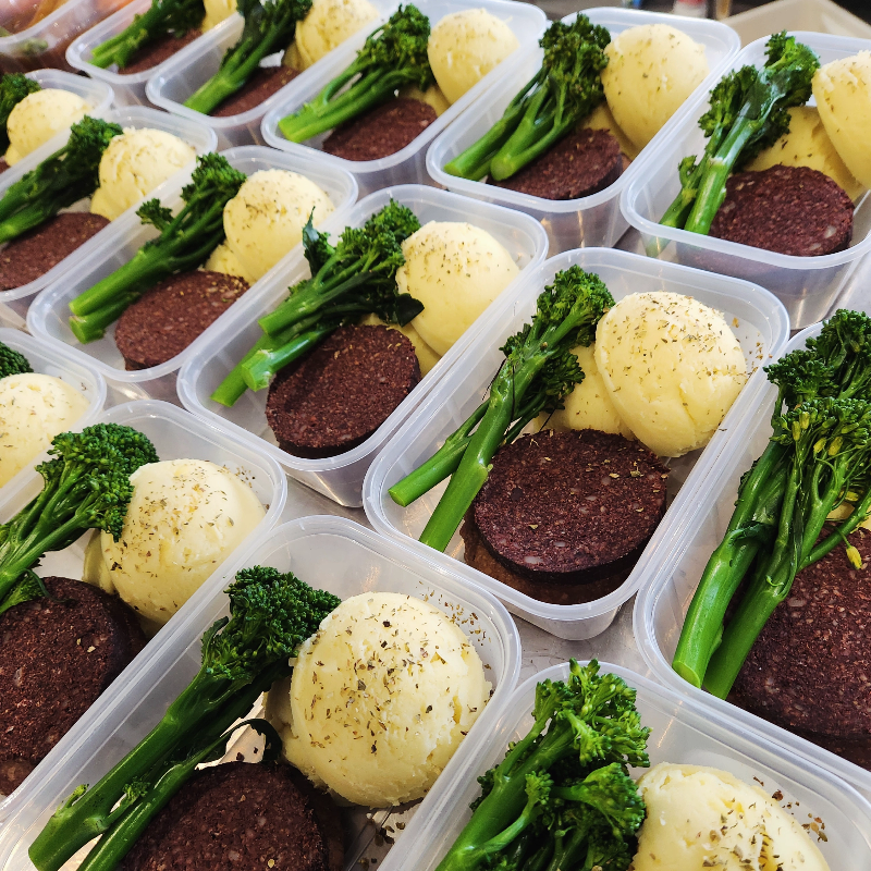 Lean steak burger,  Stornoway blackpudding & peppercorn sauce served with creamy mash 