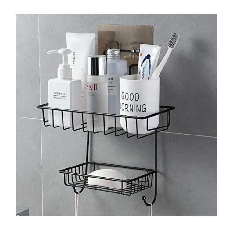 Bathroom Organizer With Two Shelves & Soap Holder Made Of Durable Steel Large Image