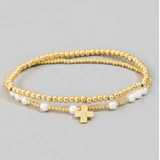 B40-Gold Dipped Cross Charm Mixed Beaded Bracelet Set