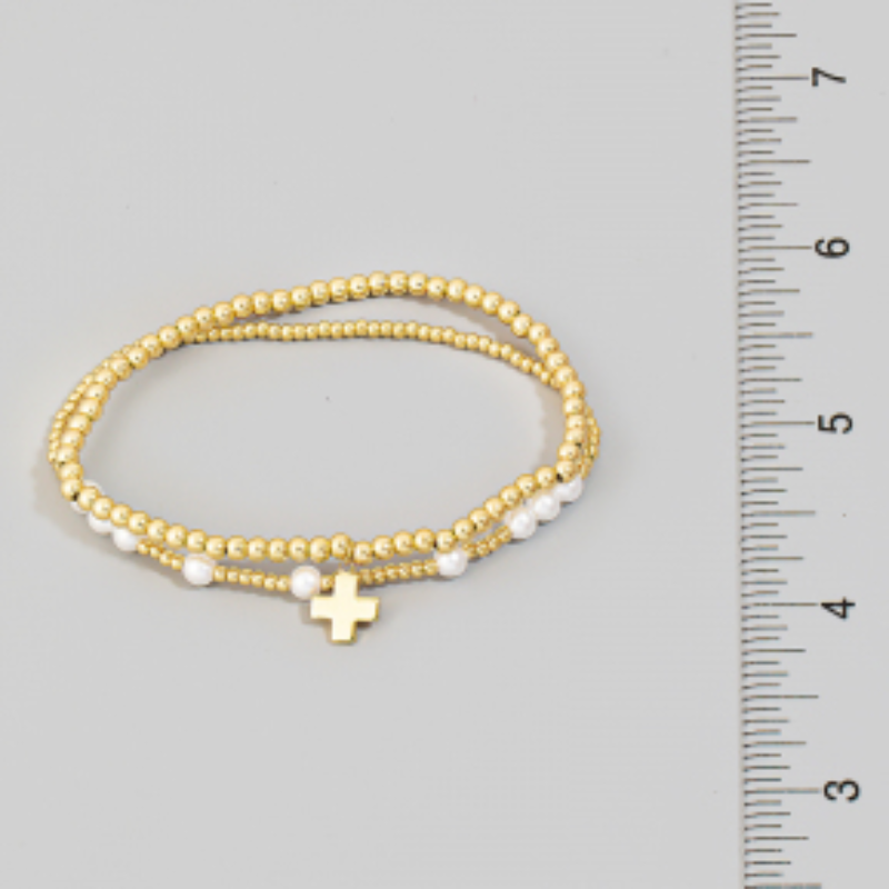 B40-Gold Dipped Cross Charm Mixed Beaded Bracelet Set - Thumbnail (Preview) 2