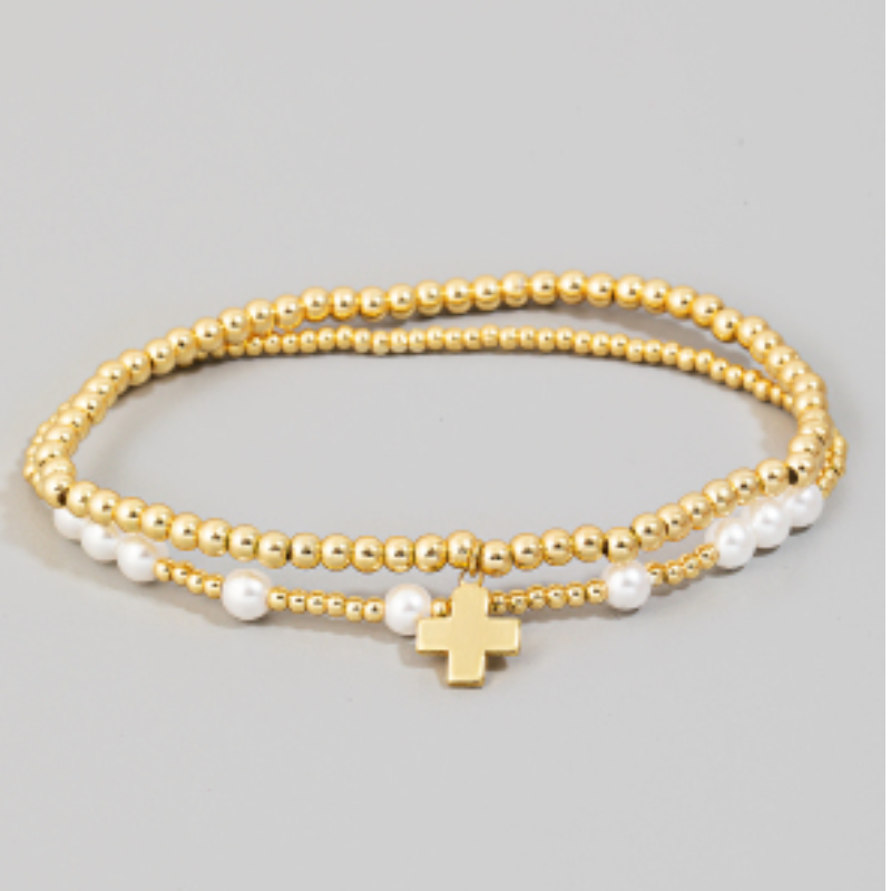 B40-Gold Dipped Cross Charm Mixed Beaded Bracelet Set Main Image