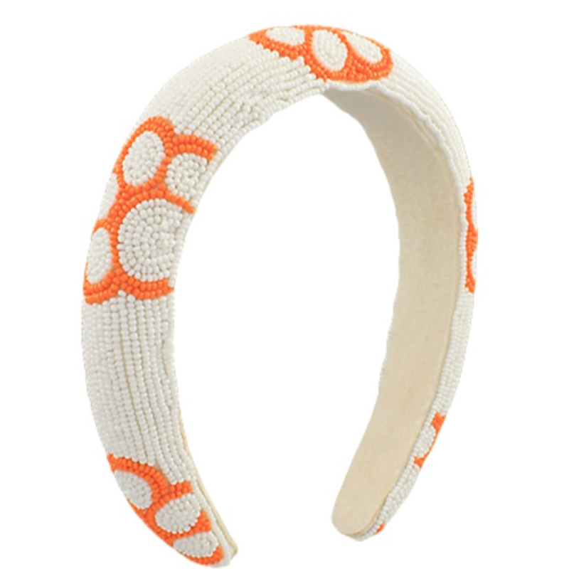 C74 -white & orange - Paw print beaded headband  Main Image