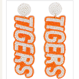 C113-  "TIGERS" White & Orange Letter Earrings