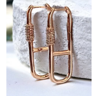 Y66- Cubic Zirconia Pave Carabiner Hoop Earrings - Thumbnail 4