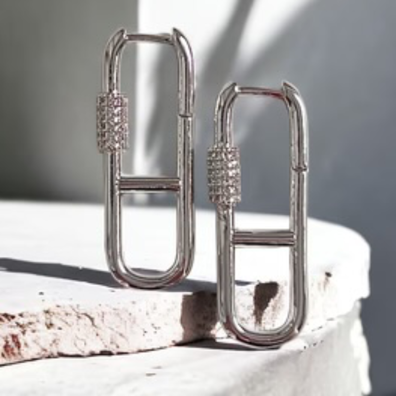 Y66- Cubic Zirconia Pave Carabiner Hoop Earrings - Thumbnail (Preview) 3