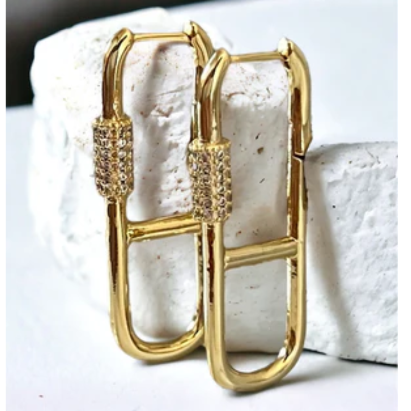 Y66- Cubic Zirconia Pave Carabiner Hoop Earrings Main Image