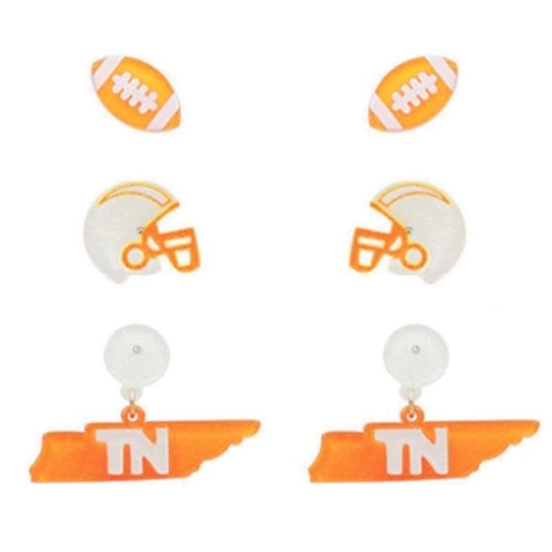 T117- .45 Tennessee/ Orange Glitter Helmet Earrings/ state & football- Main Image