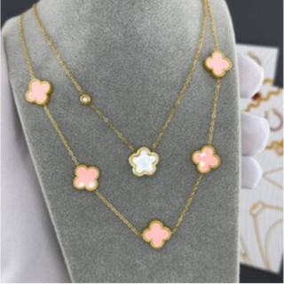 Q35- Pink Quatrafoil Necklace- 18K GOLD PLATED STAINLESS STEEL 