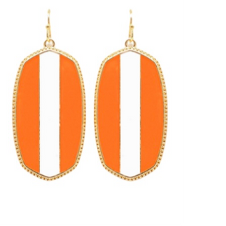 T86- 2” Orange and White Stripe Epoxy Hexagon Earrings