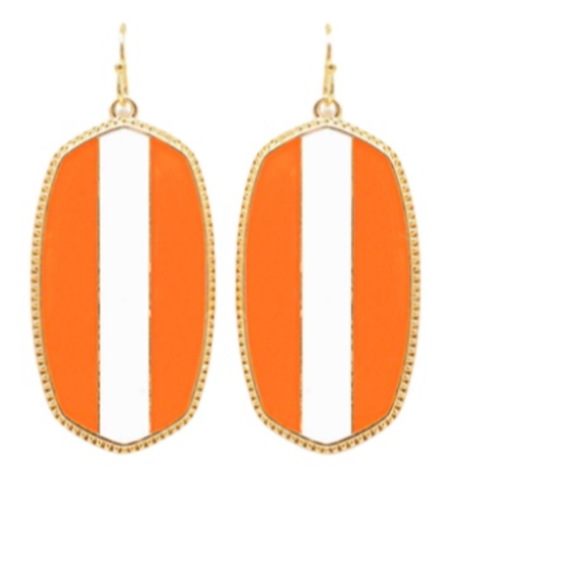 T86- 2” Orange and White Stripe Epoxy Hexagon Earrings Main Image