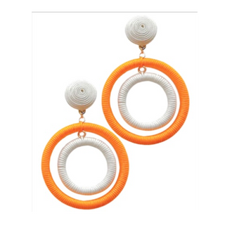 T77- Orange & White Wrapped Cord Double Circle Earrings