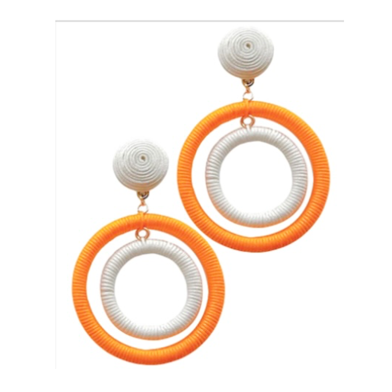 T77- Orange & White Wrapped Cord Double Circle Earrings Main Image