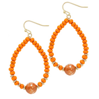 C46-Orange Wood Beads & Stone Teardrop Earrings