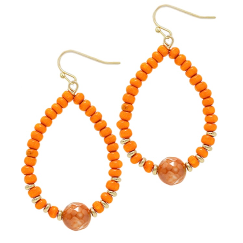 C46-Orange Wood Beads & Stone Teardrop Earrings Main Image