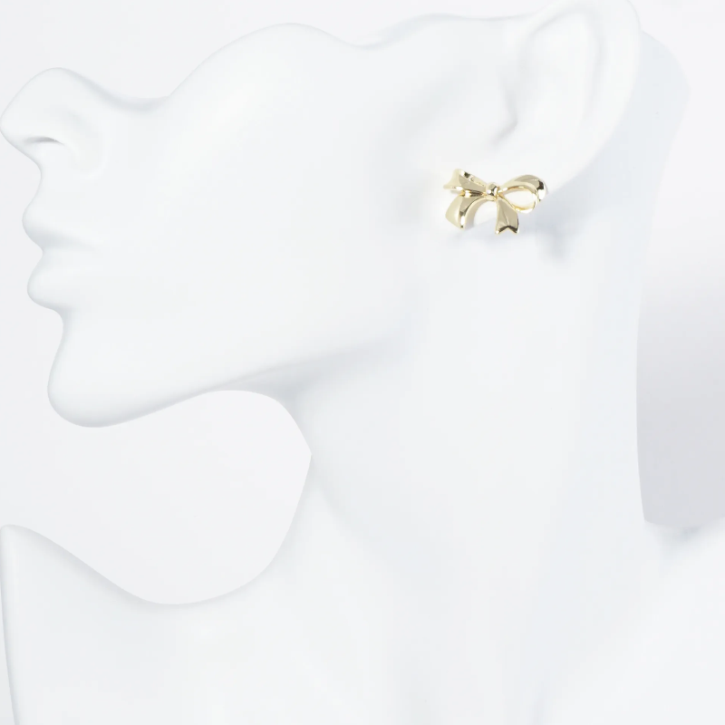 Y24-18K Gold Dipped Brass Ribbon Bow Stud Earrings - Thumbnail (Preview) 3