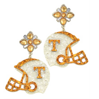 T118- 2.75” White/ Orange Glitter Helmet Earrings 