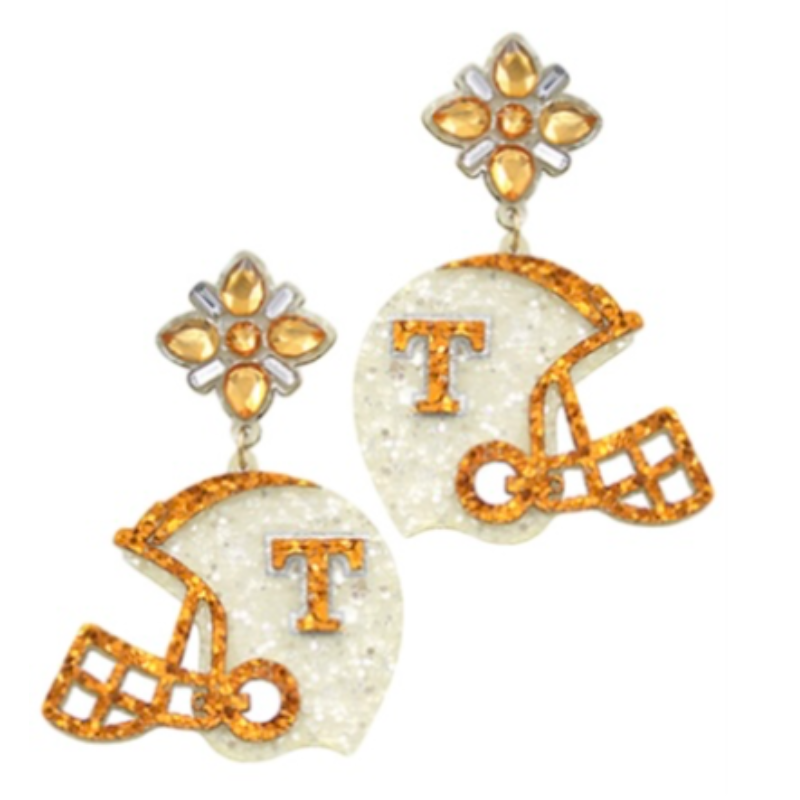 T118- 2.75” White/ Orange Glitter Helmet Earrings  Main Image