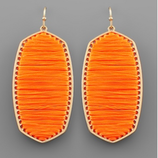 T154- 2.5” Neon Orange & Gold Threaded Hexagon Earrings