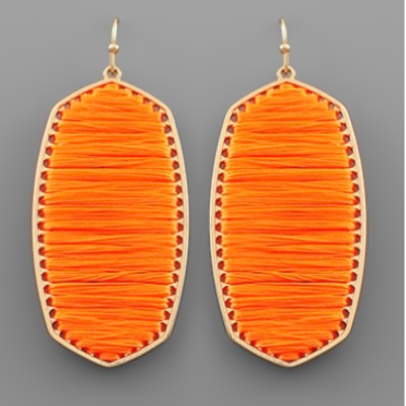 T154- 2.5” Neon Orange & Gold Threaded Hexagon Earrings Main Image