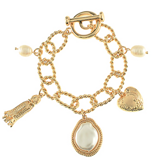 BR28-Pearl & Heart Charm Oval Chain Bracelet