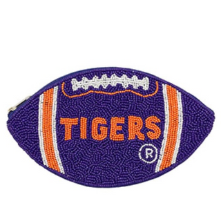 C76- Purple & Orange beaded “Tigers” football change purse