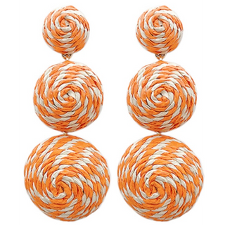 C43-Orange Raffia 3 Round Drop Earrings