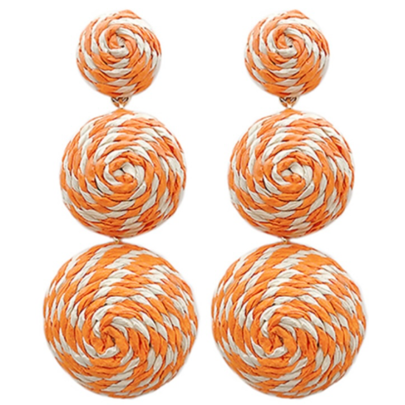 C43-Orange Raffia 3 Round Drop Earrings Main Image