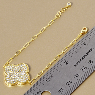 Q14- 18k Gold Dipped CZ Pave 25mm Quatrefoil Chain Bracelet - Thumbnail 3