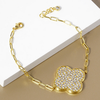 Q14- 18k Gold Dipped CZ Pave 25mm Quatrefoil Chain Bracelet