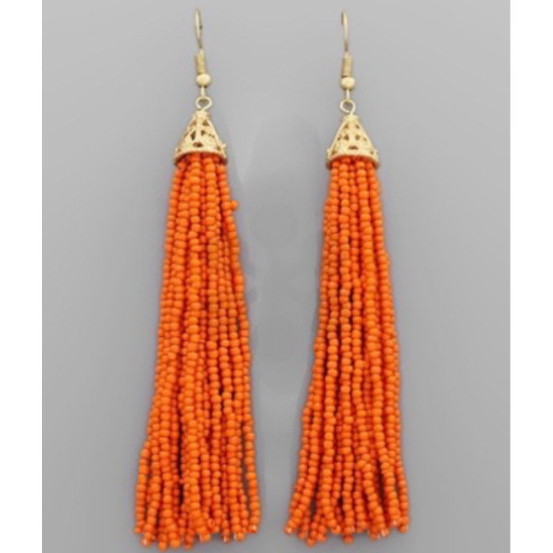 T200- 3" Orange  Long Seed Bead Tassel Earrings Main Image