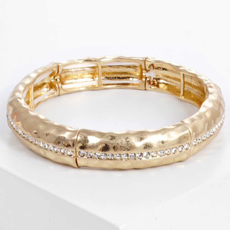 M5- Crystal pave hammered metal stretch bangle bracelet (also available in white gold & worn gold) - Thumbnail (Preview) 3