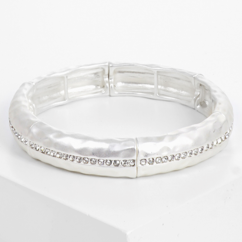 M5- Crystal pave hammered metal stretch bangle bracelet (also available in white gold & worn gold) - Thumbnail (Preview) 2