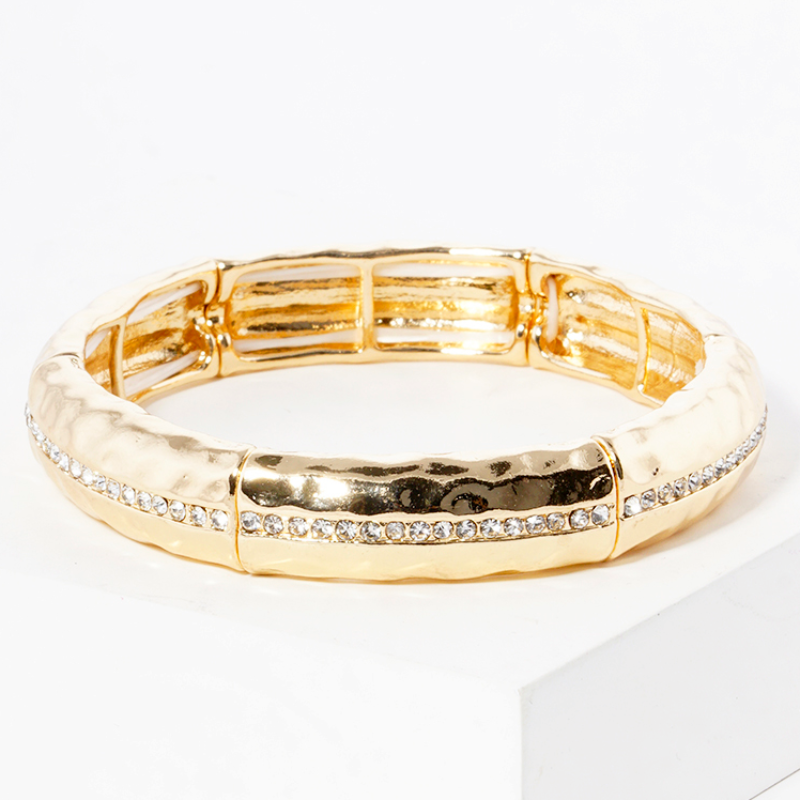 M5- Crystal pave hammered metal stretch bangle bracelet (also available in white gold & worn gold) Main Image