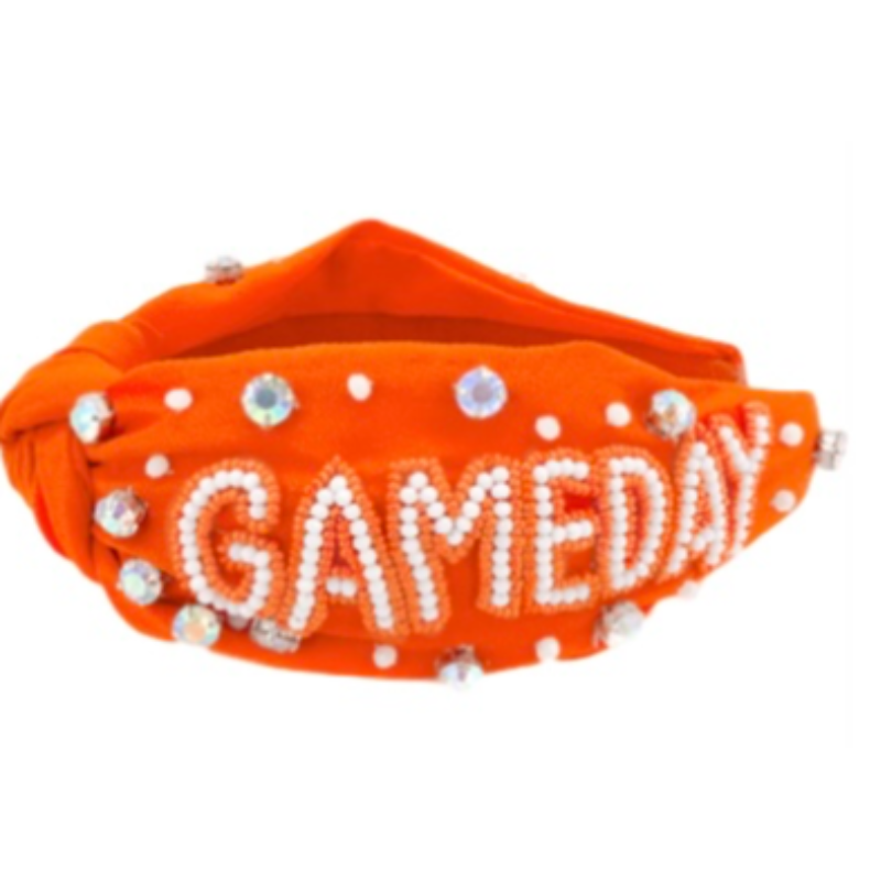 T131- Orange & white “GAME DAY" Beaded Headband Main Image