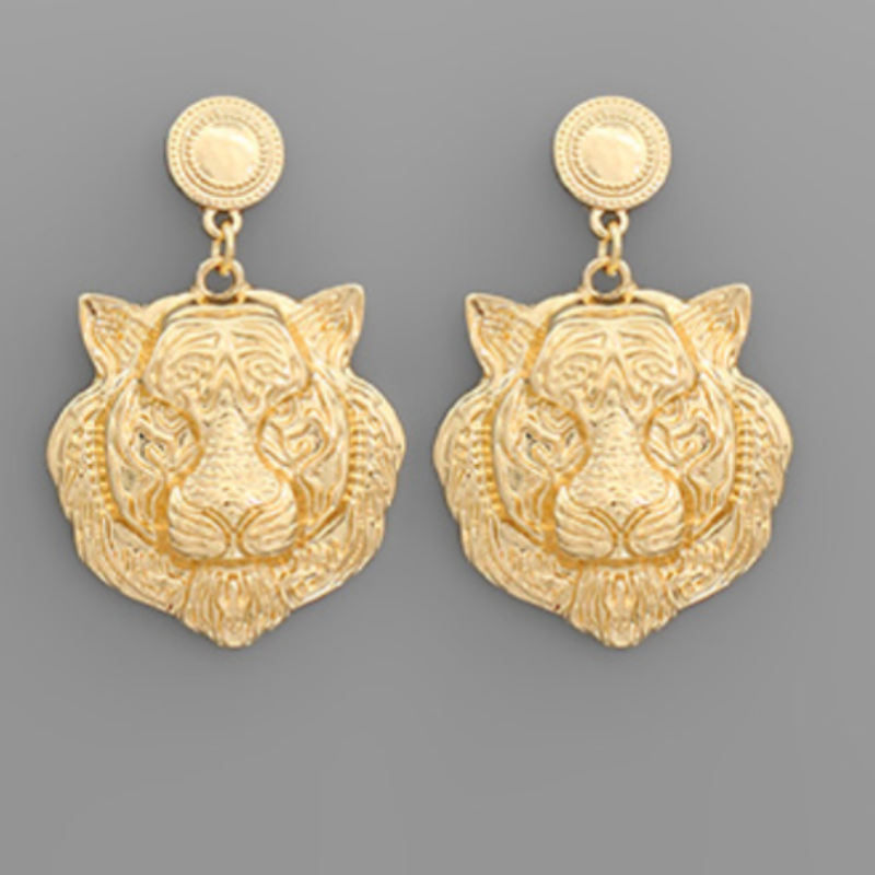 C58-  Gold Tiger Head Dangle Earrings Main Image