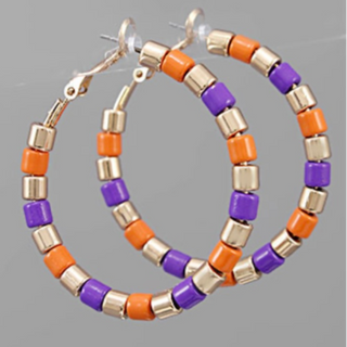 C19- Purple, Orange & Gold Beaded Hoop Earrings. 