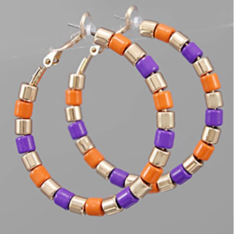 C19- Purple, Orange & Gold Beaded Hoop Earrings.  Main Image