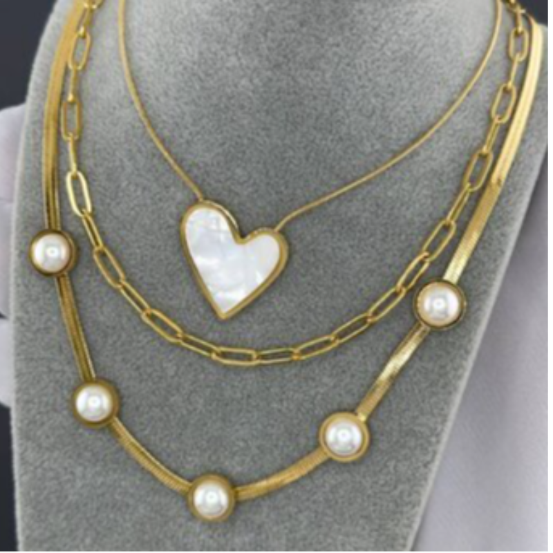 P6-18K GOLD PLATED STAINLESS STEEL 5 PEARL NECKLACE - Thumbnail (Preview) 2