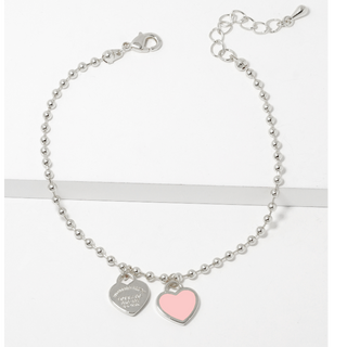 Y92- 18k Gold Dipped Enamel Filled Double Heart Ball Chain Bracelet - Thumbnail 4