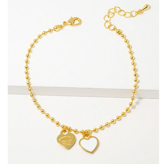 Y92- 18k Gold Dipped Enamel Filled Double Heart Ball Chain Bracelet