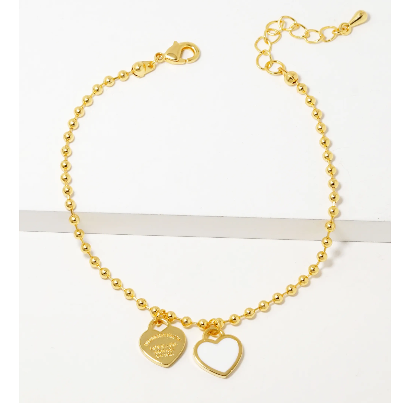 Y92- 18k Gold Dipped Enamel Filled Double Heart Ball Chain Bracelet Main Image